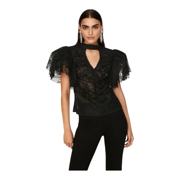 OSMAN Tops - Osman Yousefzada Black Lace Top Ruffle Sleeve Blouse Size 6